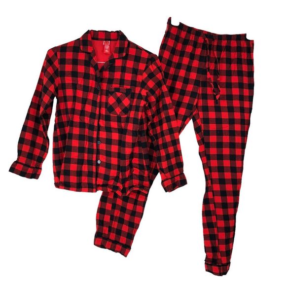 Red Black Buffalo Plaid Flannel Pajama Set XS Long Sleeve Button Top & Pants - Picture 2 of 9